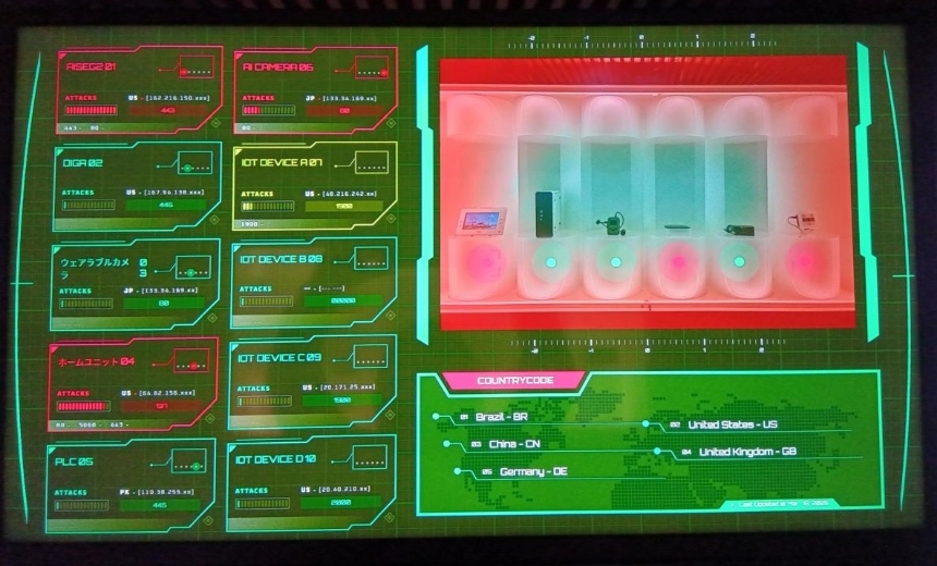 各IoT家電への攻撃の量（色・メーター）とプロトコルをリアルタイム可視化